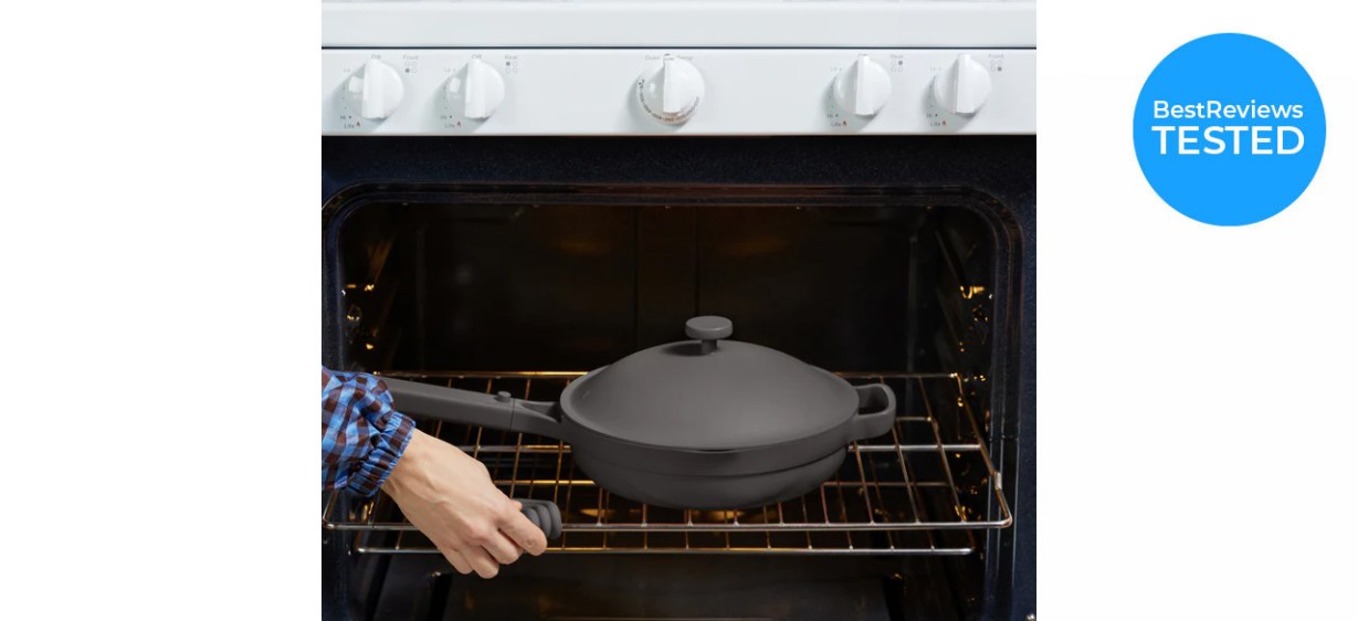 Our Place Always Pan 2.0 on stove; badge on photo says &quot;BestReviews tested&quot;