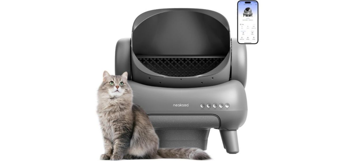 Neakasa M1 Open-Top Self Cleaning Cat Litter Box on white background with cat Neakasa M1 Open-Top Self Cleaning Cat Litter Box on white background with cat