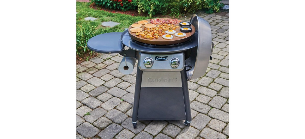 Cuisinart CGG-888 Outdoor 360-Degree Griddle Cooking Center on brick patio